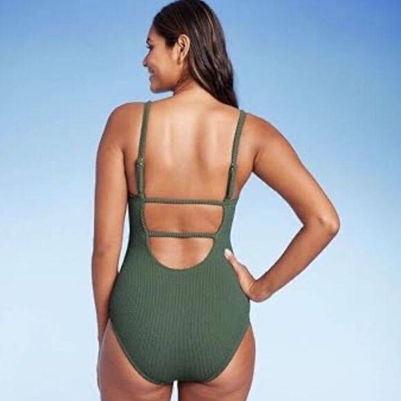 Kona Sol 17 Hunter Green Ribbed Stretch Square Neck One piece Swimsuit - Picture 2 of 12